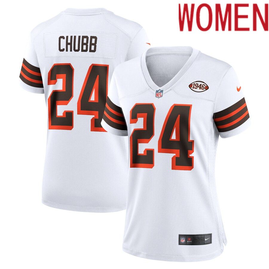 Women Cleveland Browns 24 Nick Chubb Nike White 1946 Collection Alternate Game NFL Jersey
